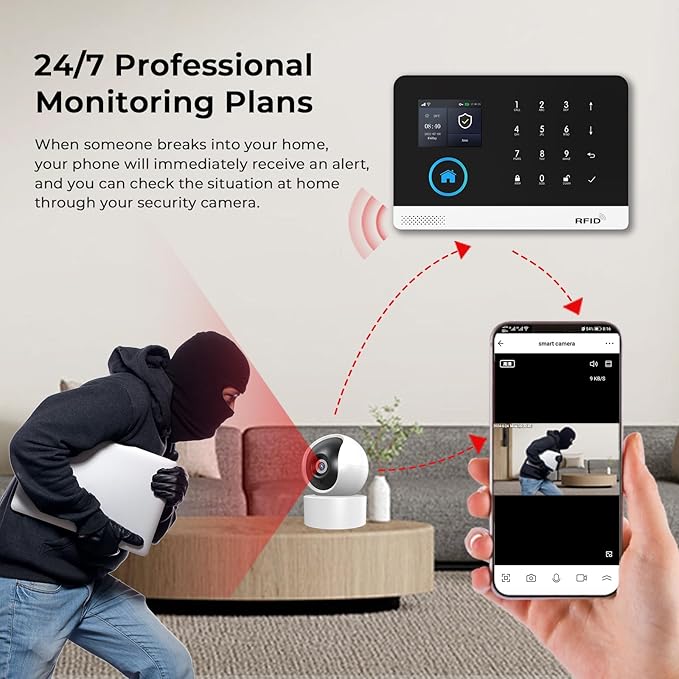PGST Home Security Systems for House, Wireless Home Security Alarm System, Door/Window Sensor Motion Sensors with App Alert, WiFi+GSM 4G Home Alarm System No Subscription with Camera