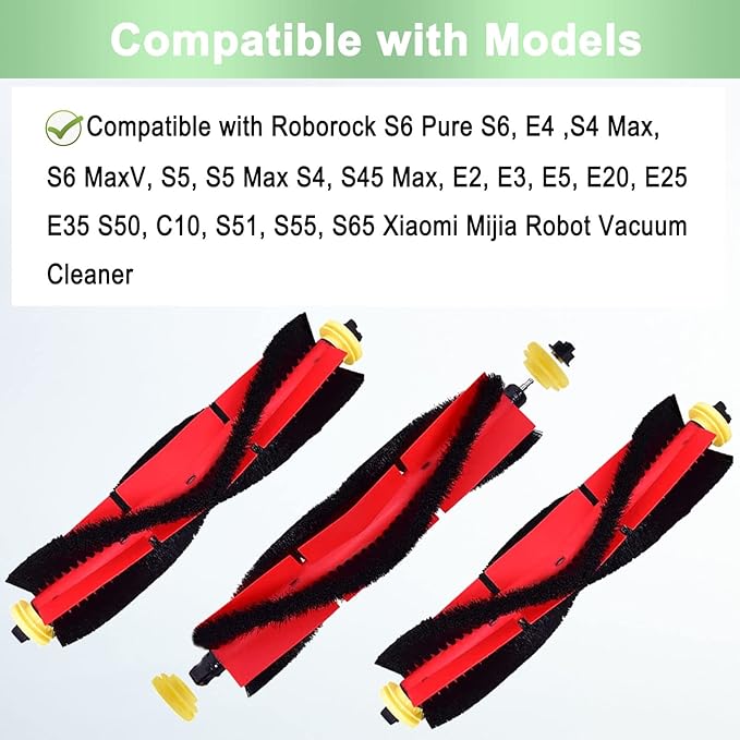 3 Pack Roborock Main Brushes Replacement Parts - Compatible with Roborock S6 Pure, S6 MaxV, E4, S4 Max, S5, S5 Max, S4, E2, E3, E5, E20, E25, E35, S50, S65, Xiaomi Mijia Robot Vacuum Cleaner