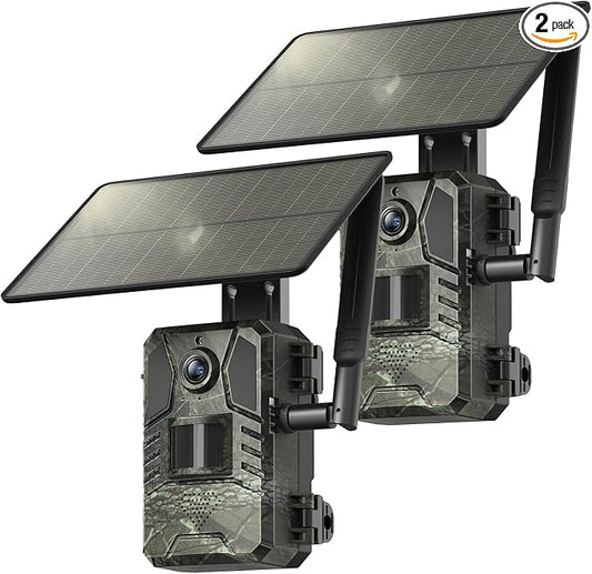Loatos Trail Camera, 2Packes Cellular Trail Camera with Built-in SIM Card 4G Unlimited Data Plan 2k HD Live Streaming Game Cameras with Night Vision Motion Activated Waterproof IP66 4W Solar Panel