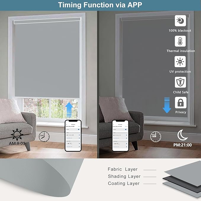 Bringnox Motorized Blinds with Remote,100% Blackout Smart Roller Blinds Compatible with Apple Homekit Google Home and Alexa Via HUB,and Customized (Vinyl Grey-16)