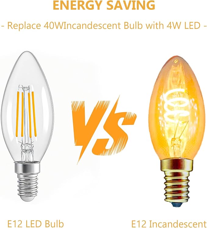 4w Led Light Bulbs,Equivalent to 40w in Terms of Energy Saving Effect,2700K,C35,E12 Warm Lights Bulb,Edison Retro Design,CRI85+,Chandelier Dimmable Light Bulbs 6 Pack