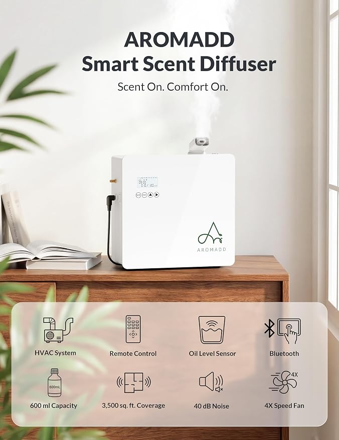 2026 Upgraded 3500 Sq.Ft HVAC Scent Diffuser for Home | Smart Whole House Waterless Diffuser with App & Remote Control, Hotel Collection Diffuser, Cold Air Tech, 600mL, White