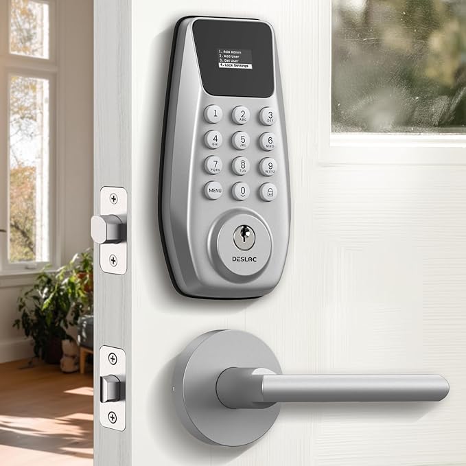 DESLOC C100 Keyless Entry Door Lock with 2 Lever Handles, Smart Deadbolt Lock for Front Door with 2 Keys, Auto Lock, 100 PIN Codes, Passage Mode, IP54 Waterproof, 12 Months Battery,Silver