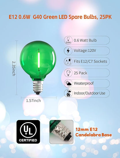 25 Pack Green G40 LED Bulbs, Commercial Grade E12 Base Replacement Bulbs for Outdoor Patio String Lights - 0.6W LED Globe Light Bulb (5W Equiv), Shatterproof Plastic for Holiday & Events (120V)
