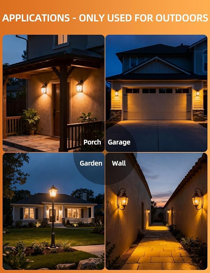 HEKEE Dusk to Dawn Light Bulbs A19 8W 900 Lumens, Outdoor Porch Lights, 60 Watt Equivalent, Amber LED Orange-Yellow Sensor Bulb, Security Bulb(Auto On/Off), E26 Screw Base(4 Pack)