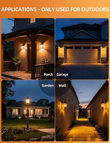 HEKEE Dusk to Dawn Light Bulbs A19 8W 900 Lumens, Outdoor Porch Lights, 60 Watt Equivalent, Amber LED Orange-Yellow Sensor Bulb, Security Bulb(Auto On/Off), E26 Screw Base(4 Pack)
