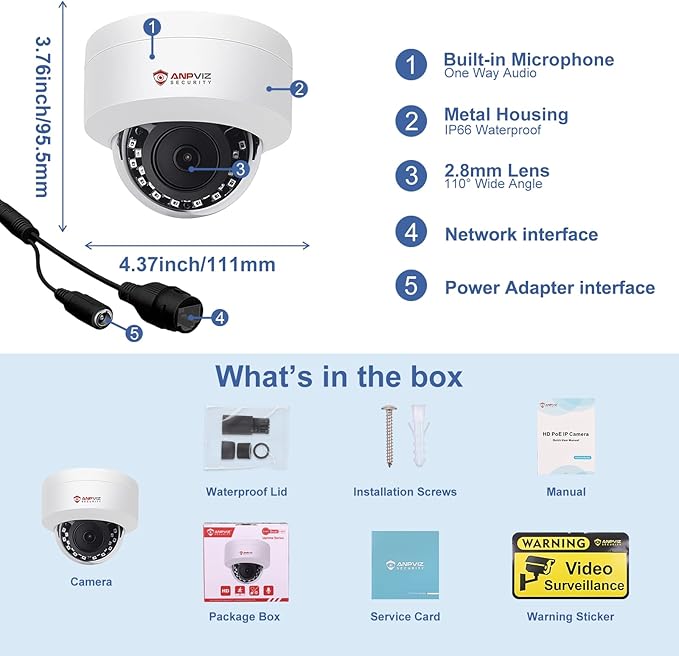 Anpviz UltraHD 4K (8MP) Security IP PoE Dome Camera Outdoor with Microphone/Audio, 3840x2160, Human Vehicle Detection, 100ft IR Night Vision, 2.8mm Wide Angle, IP66, Not PTZ,IPC-D280W-S (U Series)