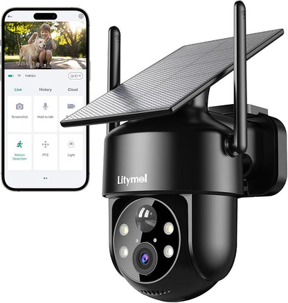 LITYMOL 2K 2.4g WiFi Security Cameras Wireless Outdoor, 360° View Solar Cameras for Home Security, Color Night Vision, AI Detection, 2-Way Audio, Spotlight Siren Alarm, SD/Cloud Storage