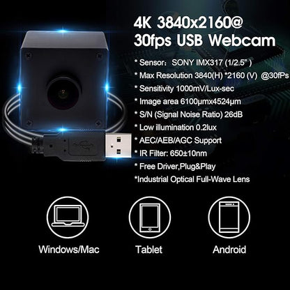 3840x2160 4K Video Surveillance USB Camera 4K Webcam with Sony IMX317 Sensor Webcamera for Industrial, 30fps USB Webcam Built in Microphone Mini Camera with Mini Case Support Most OS Web Cams