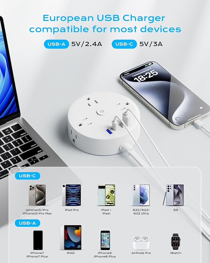 European Travel Plug Adapter, US to UK Europe Power Strip for EU/UK/US, 6 Outlets 4 USB Ports, 5ft Extension Cord, International Power Adapter for Travel Cruise Ship Home