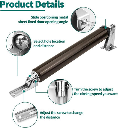 Screen and Storm Door Closer Kit, Heavy Duty Pneumatic Screen and Storm Door Closer, Screen and Storm Door Push Button Latch Set Replacement Kit, Adjust Smooth Closing Speed (Brown)