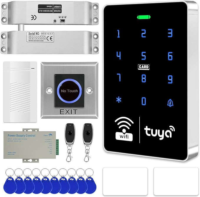 WiFi TUYA Complete Security Access Control System kit with Waterproof RFID Touch keypad Door Lock, smart Remote Door Opener app, Electric Mortise Lock, Metal Sensor Switch, doorbell, Keychain