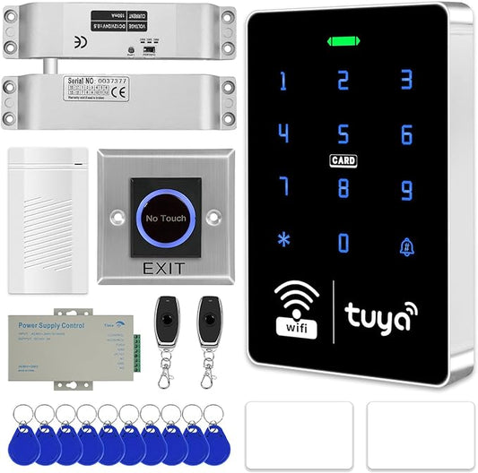 WiFi TUYA Complete Security Access Control System kit with Waterproof RFID Touch keypad Door Lock, smart Remote Door Opener app, Electric Mortise Lock, Metal Sensor Switch, doorbell, Keychain