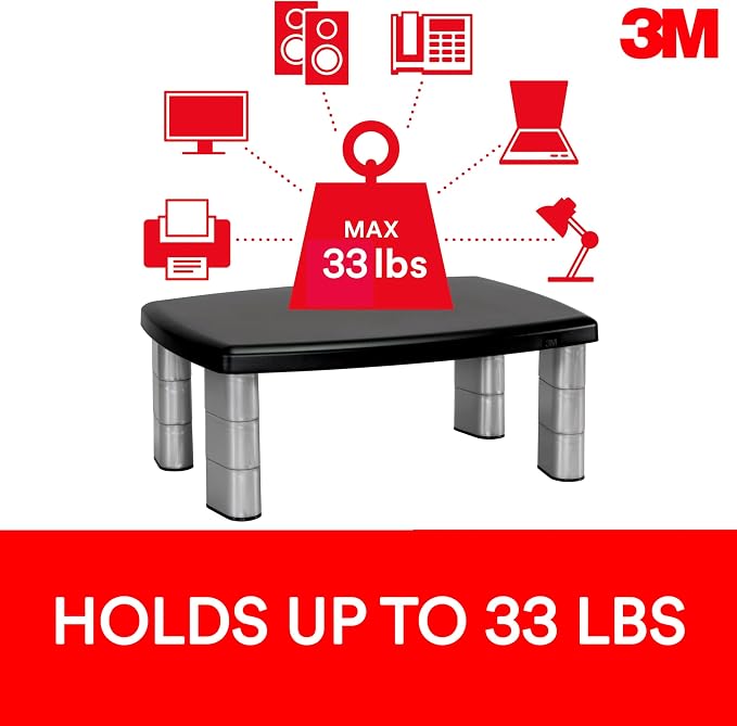 3M Monitor Computer Stand, 21.6 in x 9.4 in, 4 Port USB Hub | Height Adjustable Monitor Riser For Desk, Office, Home With Underneath Storage Space, No Skid