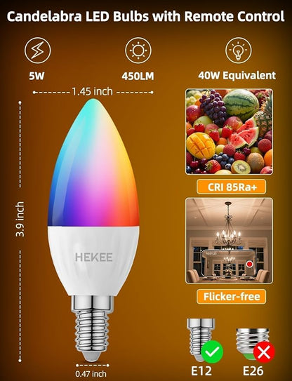 HEKEE E12 Candelabra Light Bulbs, Color Changing Bulb with Remote, Plug-in Only, E12 Base, 12 RGB+2700K Warm White, 40W Equiv (5W), 450LM, Timer, 2 Modes, for Chandelier/Ceiling Fan, 12 Pack