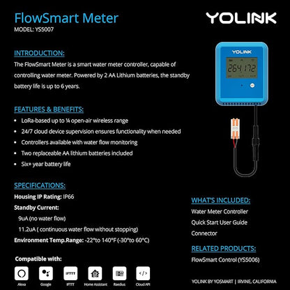 YoLink FlowSmart NSF Water Meter, Smart Water Usage Monitor and Water Leak Detection: 0.5 Inch Advanced Smart Home Water Meter, Hub Included