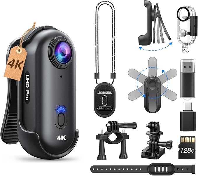 BOBLOV W4 4K Mini Body Camera, 128G Wearable Cam with Waterproof Case, Magnetic Clip, and Quick-Mount Accessories, 96 Minutes for Recording, Easy to Use for Lecture, Traveling, and Outdoors Activities