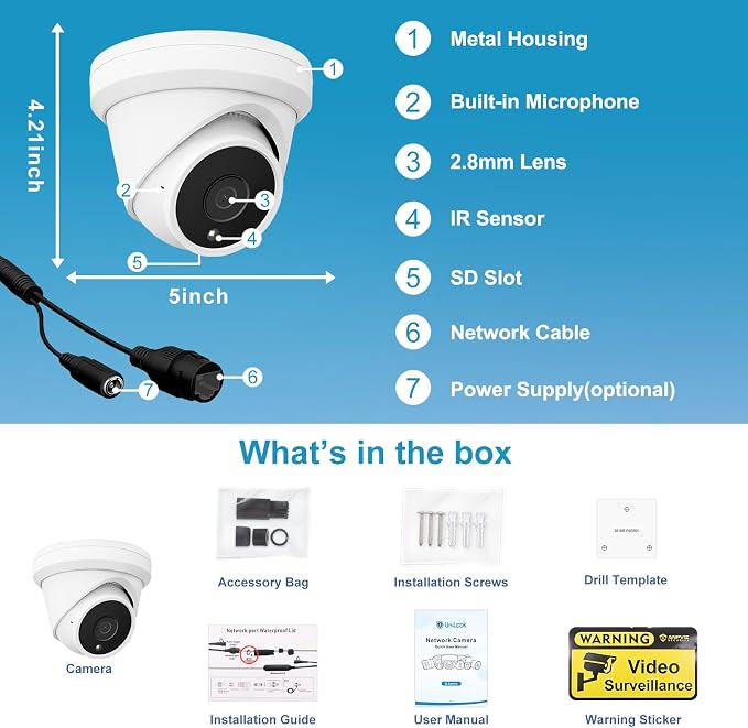 UNILOOK 5MP PoE IP Camera for Business, Turret Security IP Camera Outdoor