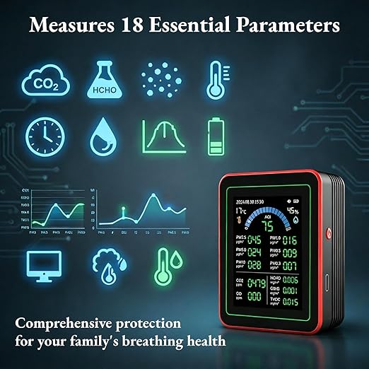 AUNMAS Air Quality Monitor ZN MT32, Multi Parameter with Highly Sensitive Sensors, Data Logging and Analysis, for Home and Office Use