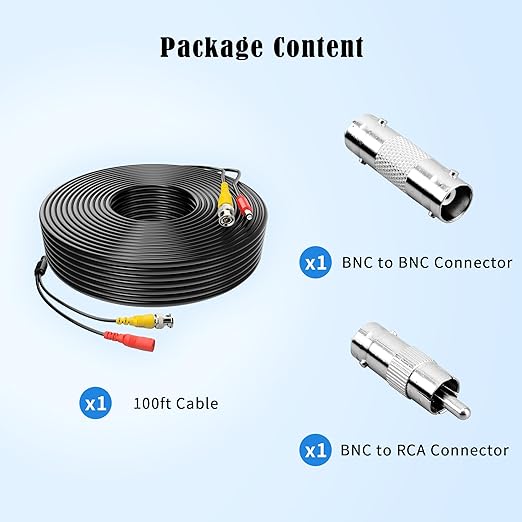 1 Pack 100ft BNC Video Power Cable Security Camera Cable Wire Cord for CCTV DVR Surveillance System with Connectors (BNC Female and BNC to RCA) (Black, 100FT)