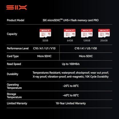 SIX M100 256GB Micro SD Card Read Up to 100MB/s - A1, U3, V30 Support 4K UHD microSDXC Memory Card 256GB with Adapter for Android Phones, Tablets, Dash Cams, Action Cameras, Drones, Gaming Consoles