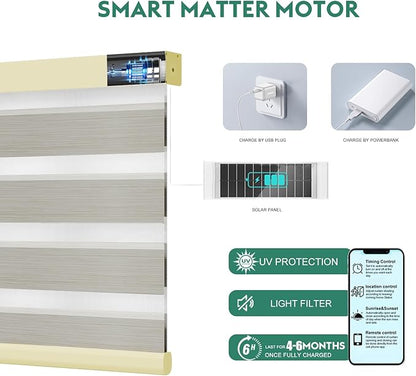 Motorized Zebra Blinds with Remote, Work with HomeKit Alexa Automatic Electric Window Shades 90% Blackout Light Filtering for Smart Home and Office, Customized Size Golde