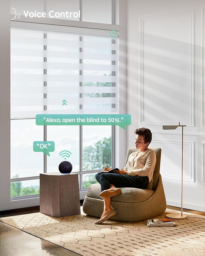 Yoolax Motorized Blinds with Remote, Electric Zebra Blinds for Indoor Windows, Room Darkening Smart Shades with Voice Control, Compatible with Alexa Google Home, APP Control, 52" W x 72" H, White