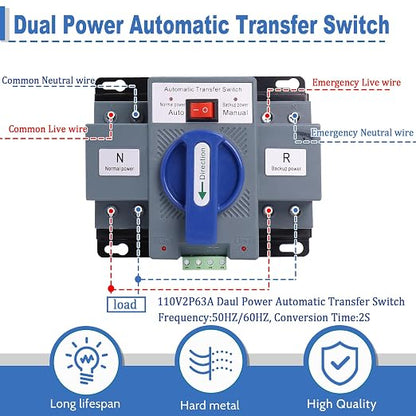 Ketofa Automatic Transfer Switch, 2P 63A 110V Dual Power ATS, CE Certified