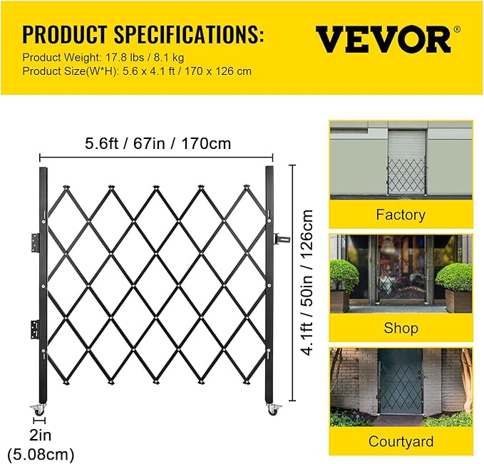 VEVOR Single Folding Security Gate, 48" H x 66" W Folding Door Gate, Steel Accordion Security Gate, Flexible Expanding Security Gate, 360° Rolling Barricade Gate, Scissor Gate or Door with Padlock