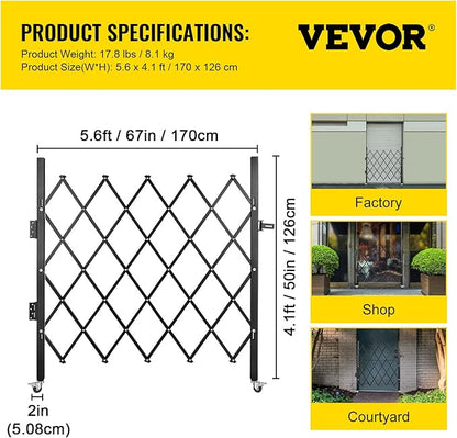 VEVOR Single Folding Security Gate, 48" H x 66" W Folding Door Gate, Steel Accordion Security Gate, Flexible Expanding Security Gate, 360° Rolling Barricade Gate, Scissor Gate or Door with Padlock