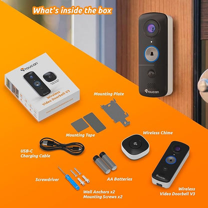 TOUCAN Wireless Video Doorbell Camera V3 with Chime – Battery Powered Smart Doorbell, HD Video, Motion Detection Alerts, 2-Way Talk, Night Vision, Wide Angle Security Camera, No Subscription Required