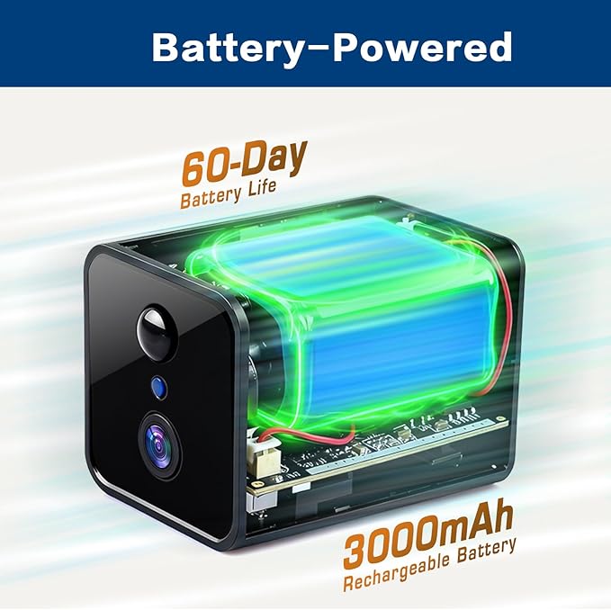 Indoor Camera Wireless Battery Powered, 32GB SD Card, Long Battery Life, 2K Tiny Camera, 2.4Ghz WiFi Cameras for Home Security, 150°Remote Viewing, Night Vision, Motion Detection