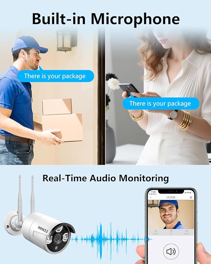 (2026 Update) Wireless WiFi Outdoor Security Camera System, IP67 Waterproof Dual Antenna Cameras, Audio Recording, Night Vision, No Monthly Fee, Home NVR System