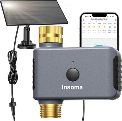 Insoma Solar WiFi Water Timer for Garden, 365-Day Power, Brass Inlet&Outlet | Solar Panel+Type-C Dual Power, APP&Voice Control, Alexa/Google Compatible, Rain Delay+Manual Mode, WiFi Direct, 2.4GHz, IPX6