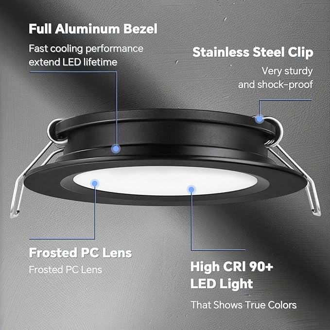 acegoo RV Recessed Ceiling Light 2-3/4” 12V Dimmable LED Puck Light for Campervan Truck Caravan Boat Roof Under Cabinet Lighting, Flush Mount Cutout 2-1/4" (Black,Cool White) 4 Pack