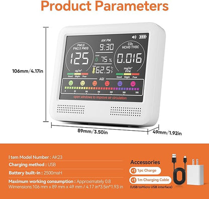 16-in-1 Indoor Air Quality Monitor with PM1.0,PM2.5,PM10,CO2,HCHO,TVOC,Temperature,Humidity,Time Display &7 AQI Alarms – Professional Air Quality Tester for Home, Office & Indoor Use (Ivory White)