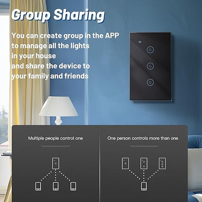 BSEED Smart Light Switch, 3 Gang WiFi Alexa Light Switch with Remote APP Control and Timing Function, Single Pole Black Light Switches Work with Alexa, Google Assistant, Voice Control, Group Control