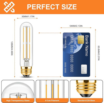 ToBeGreat T30 LED Light Bulbs 6 Watt Equivalent 60W E26 Tubular Bulbs T10 Edison LED Filament Bulb Warm White 2700K,Desk Lamp,Bedbroom Cafe Restaurant Party,Dimmable (Warm White 2700K, 5 in (6pack))
