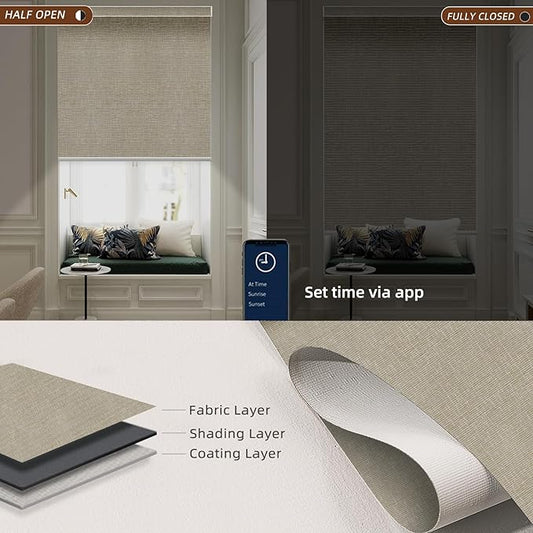 Motorized Blinds Roller Shade with Remote: Canisteo Automatic Smart Blind for Windows 100% Blackout, Electric Blinds Compatible with Alexa/Google Home/Apple Homekit, Customized Size, Cozy Biscuit