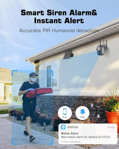 ANRAN 5MP Security Cameras Wireless Outdoor, Solar Camera Wireless with 360° View for Home Surveillance, WiFi Camera with Spotlights, PIR Detection, Color Night Vision, Siren Alarm, Q1 Max Grey