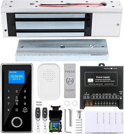 Waterproof Fingerprint Door Access Control System kit, Includes a 1200LB Magnetic Lock,RFID keypad, remotes, exit Button, Entry keypad, and a 110V AC to 12V DC Power Supply (Fingerprint-1200LB Kits)