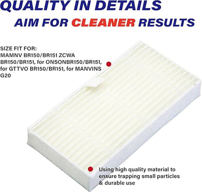 Robot Vacuum Replacement Parts for MAMNV, ZCWA, ONSON, GTTVO BR150/BR151, MANVINS G20 - 6PC Side Sweep, HEPA Filter & Mop
