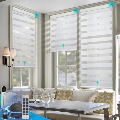 DENFOON Motorized Zebra Blinds, Solar Powered Dual Layer Automatic Shades with Remote Control, Rechargeable Smart Blinds Horizontal Wireless Electric Shades for Windows. White， 35 x 72