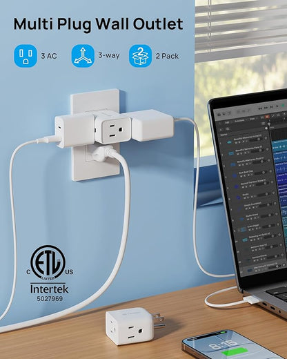 TROND Multi Plug Wall Outlet Extender 2 Pack - ETL Listed Electrical 3 Way Plug Extension Outlet Splitter Adapter, Small Multiple Wall Expander for Home Office Dorm Cruise Travel Essentials, White