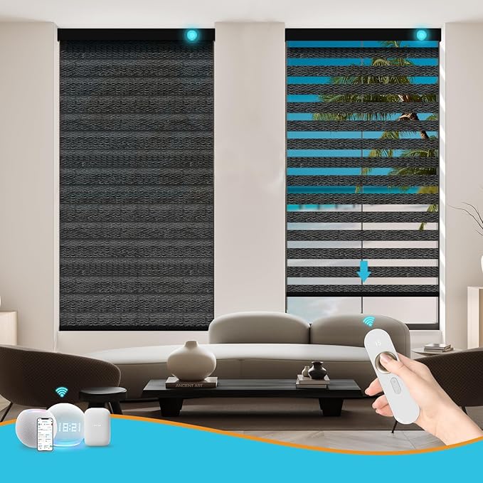 Motorized Zebra Blinds with Remote, Work with HomeKit Alexa, Smart Light Filtering Horizontal Automatic Electric Window Shades for Home Office Customsize(80% Blackout Oceanwave Black)