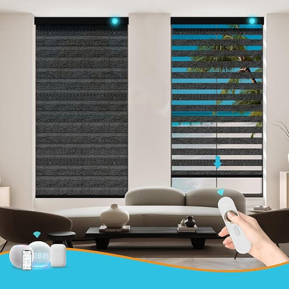 Motorized Zebra Blinds with Remote, Work with HomeKit Alexa, Smart Light Filtering Horizontal Automatic Electric Window Shades for Home Office Customsize(80% Blackout Oceanwave Black)