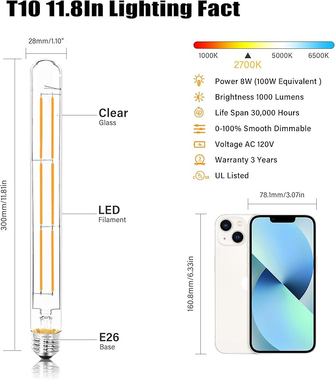 11.8IN 1000LM 2700K Soft White Light Bulbs E26 Base, T10 T9 Edison Bulbs Dimmable 8W, AC 120V 100 Watt Equal Filament Bulb, Vintage Clear Glass Long Tubular LED Bulb, UL Certified - 2Pack