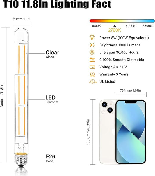 11.8IN 1000LM 2700K Soft White Light Bulbs E26 Base, T10 T9 Edison Bulbs Dimmable 8W, AC 120V 100 Watt Equal Filament Bulb, Vintage Clear Glass Long Tubular LED Bulb, UL Certified - 2Pack