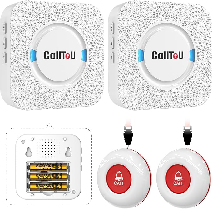 CallToU Wireless Caregiver Pager 2 Call Buttons+2 Battery-Powered Receivers | Easy Setup, Loud Whole-Home Alerts, Peace of Mind, Waterproof Call Button for Elderly, Seniors, Patients and Home Caregivers