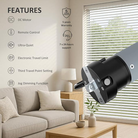 DC24V Motorized Blinds Kit, 45mm Smart Blind Motor for Awning & Roller Shade, Brushless Electric Rollers Motor with Remote, Convert Blinds to Motorized (20 N.m for Φ60mm（2-3/8"） Octagonal Tube)